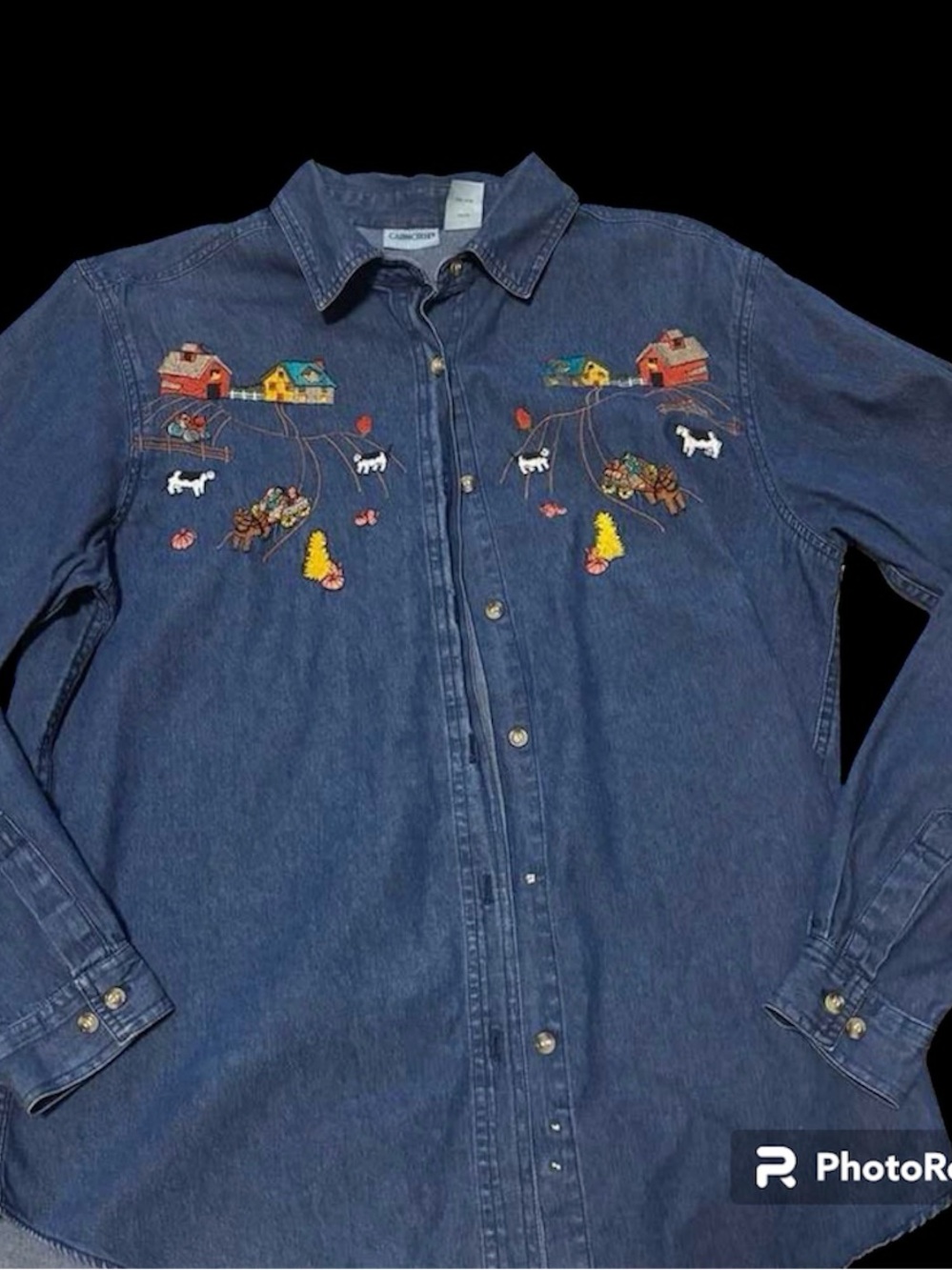Vintage 90s Cabin Creek Denim Jean Farm Country Embroidered Shirt Vtg USA Sz SM